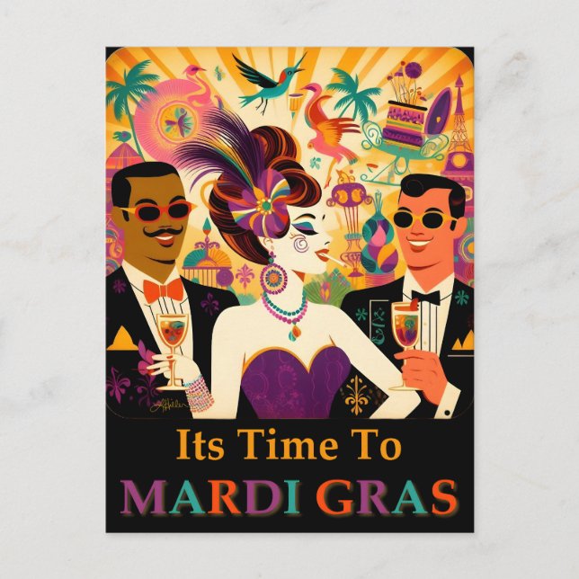 Carte Postale Mardi Gras Cocktail Party du milieu du siècle (Devant)