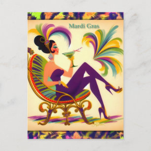 Carte Postale Mardi Gras Martini femme du milieu du siècle rétro