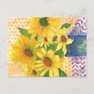 Carte Postale marguerites jaunes dans vase bleu