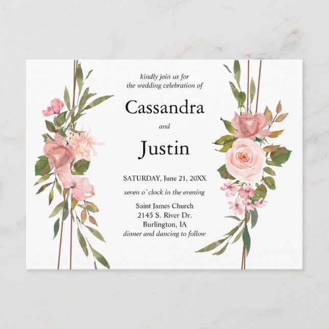 Carte Postale Mariage à arrangement floral rose classique (Devant)