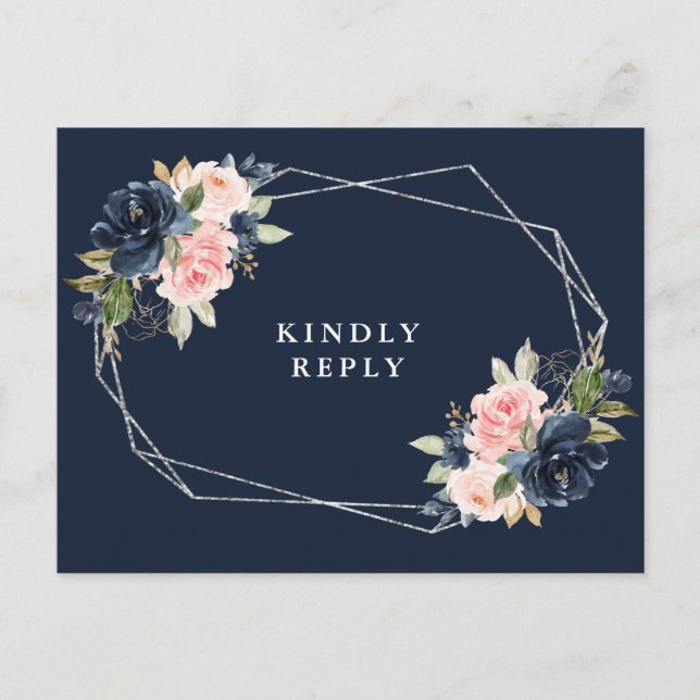 Carte Postale Mariage à cadre argenté floral bleu marine RSVP (Devant)