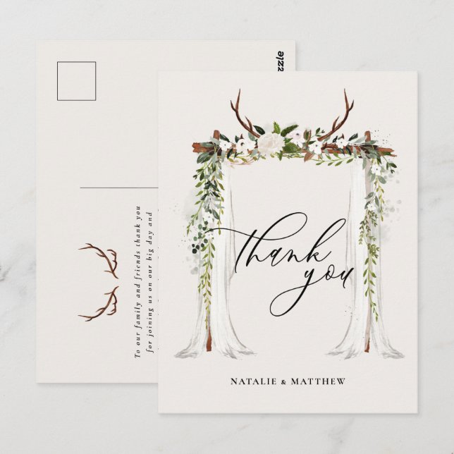 Carte Postale Mariage à canopée fleurie rustique et aquarelle (Devant / Derrière)