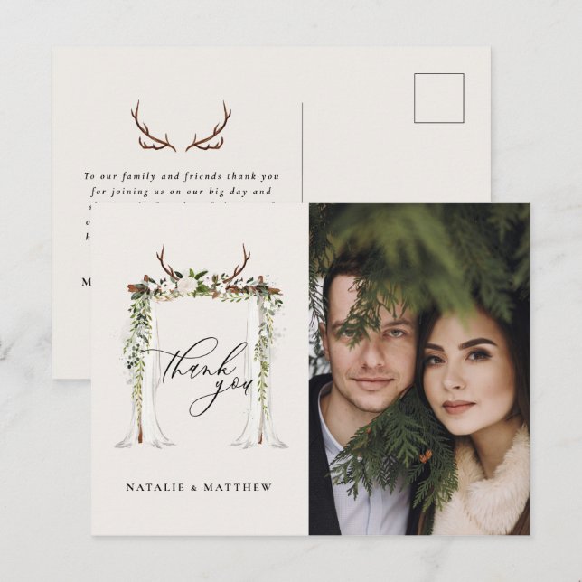 Carte Postale Mariage à canopée fleurie rustique et aquarelle (Devant / Derrière)