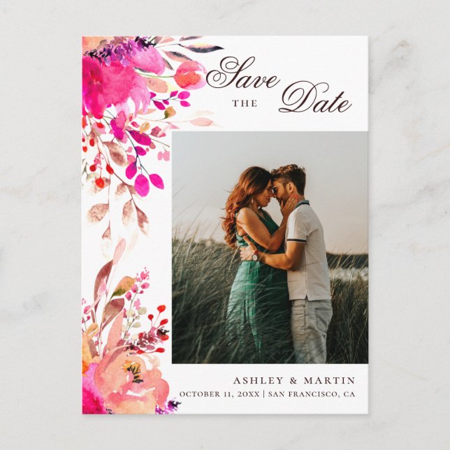 Carte Postale Mariage à fleurs rose aquarelle Enregistrer la dat (Devant)