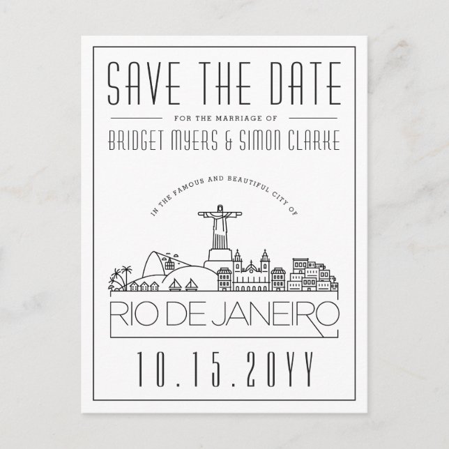 Carte Postale Mariage à Rio, Brésil Skyline Enregistrer la date (Devant)