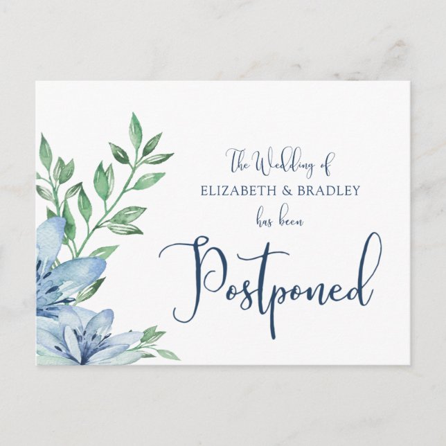 Carte Postale Mariage Aquarelle Reportée Bleu Fleurs (Devant)