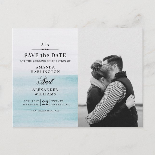 Carte Postale Mariage bleu aquarelle. Enregistrer la date nautiq (Devant)
