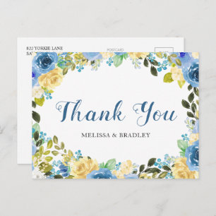 Carte postale mariage bleu jaune Merci Floral