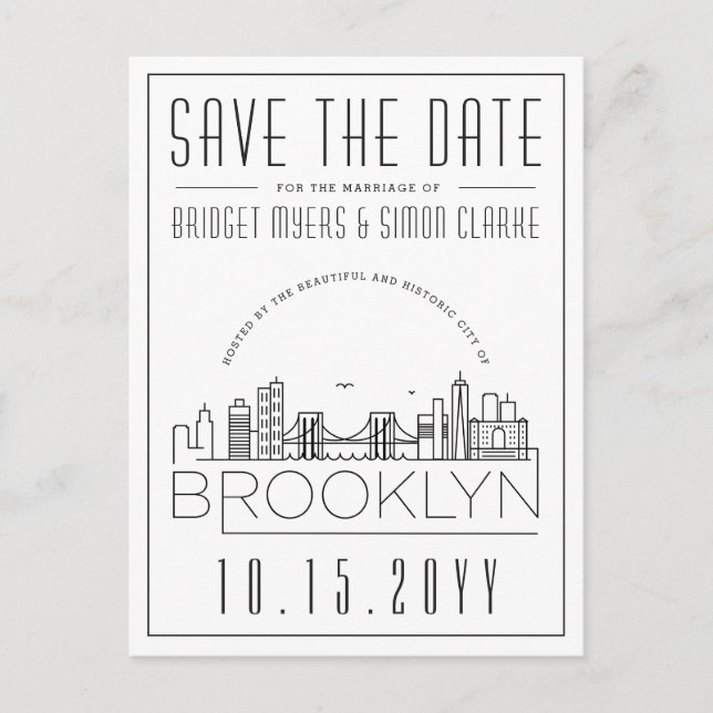 Carte Postale Mariage Brooklyn | Skyline stylisée Enregistrer la (Devant)