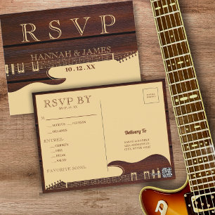 Carte Postale Mariage Brown et rouge de guitare en bois RSVP