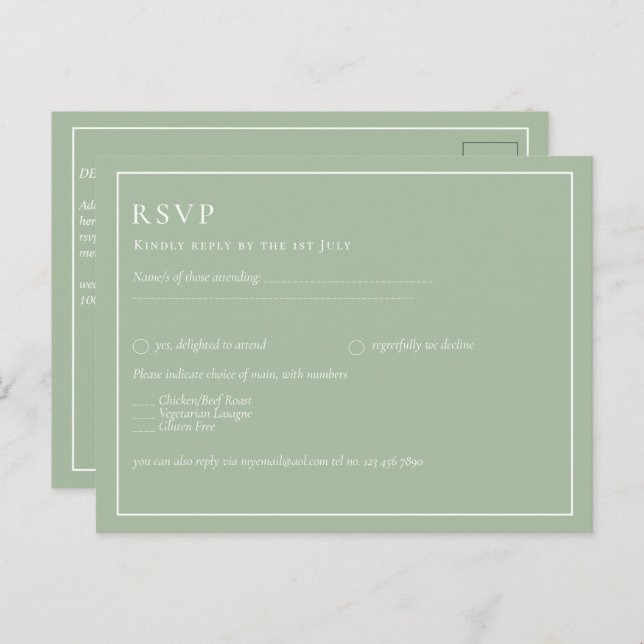 Carte Postale MARIAGE BUDGET Sage Apple Green Monochrome Texte (Devant / Derrière)