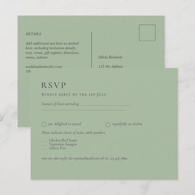 Carte Postale MARIAGE BUDGET Sage Green Mariage monochrome RSVP (Devant / Derrière)