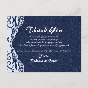 Carte Postale mariage campagnard dentelle bleu denim merci