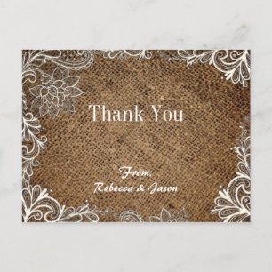 Carte Postale mariage campagnard en dentelle de burlap rustique 