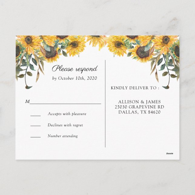 Carte postale Mariage campagnard tournesol en bois (Dos)