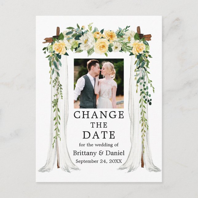Carte Postale Mariage Canopée Jaune Floral Changement La Date (Devant)