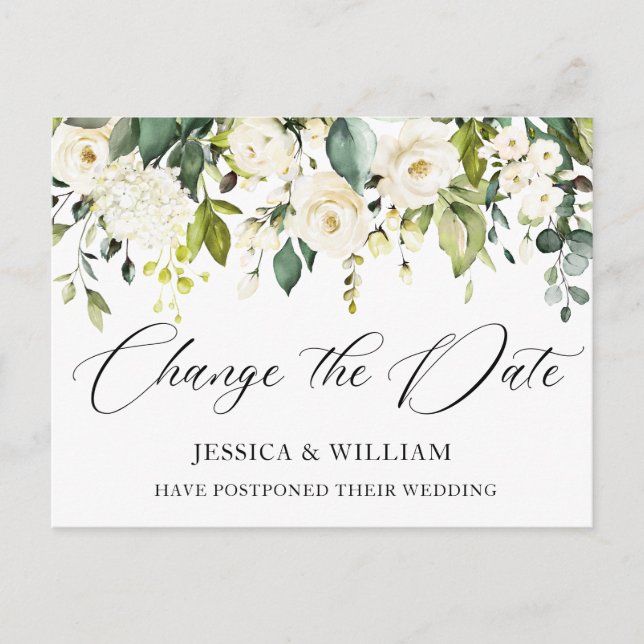 Carte Postale Mariage Changer la date Elégant Roses blanches (Devant)