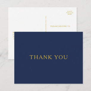 Carte Postale Mariage classique minimal marine bleu or Merci
