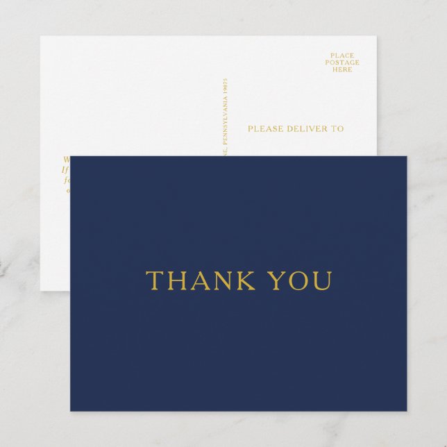 Carte Postale Mariage classique minimal marine bleu or Merci (Devant / Derrière)