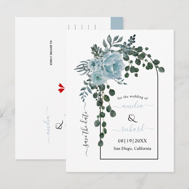 Carte Postale Mariage d'arche aux fleurs bleues poussiéreuses En (Devant / Derrière)