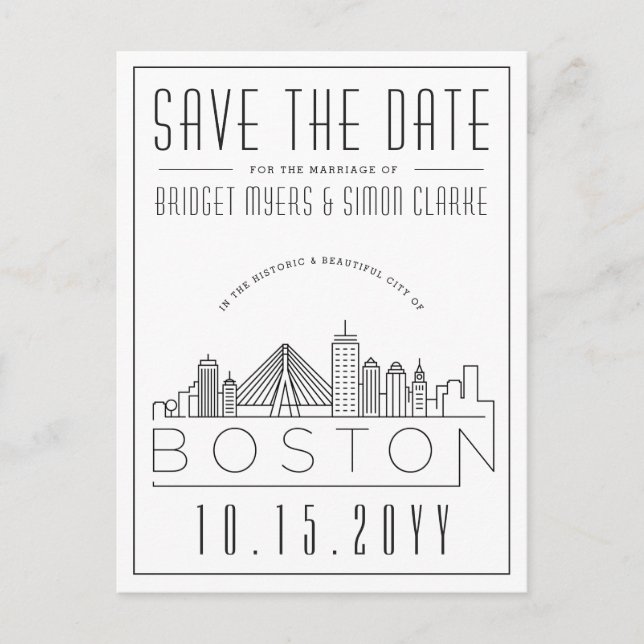 Carte Postale Mariage de Boston | Skyline stylisée Enregistrer l (Devant)