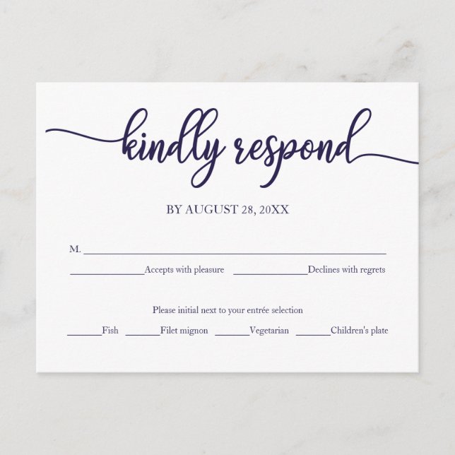 Carte Postale Mariage de calligraphie bleu marine RSVP (Devant)