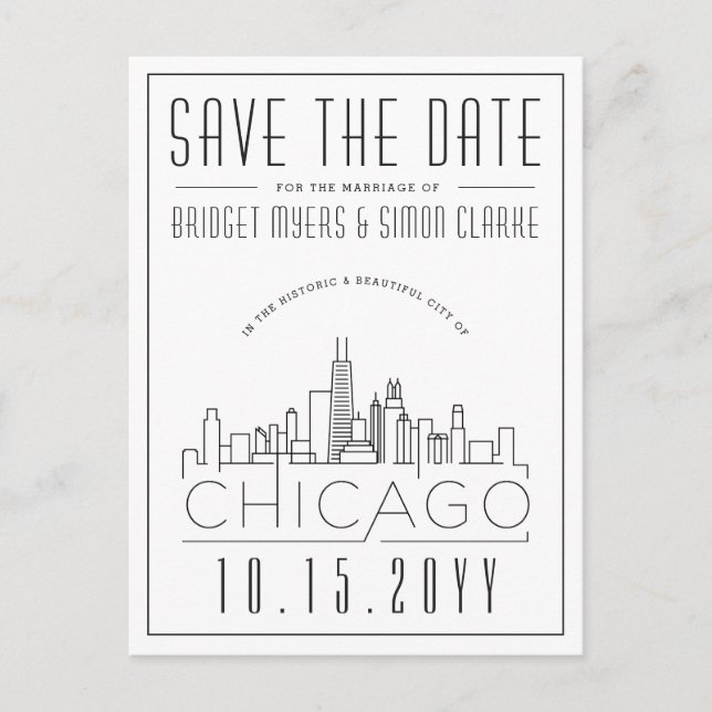 Carte Postale Mariage de Chicago | Skyline stylisée Enregistrer  (Devant)