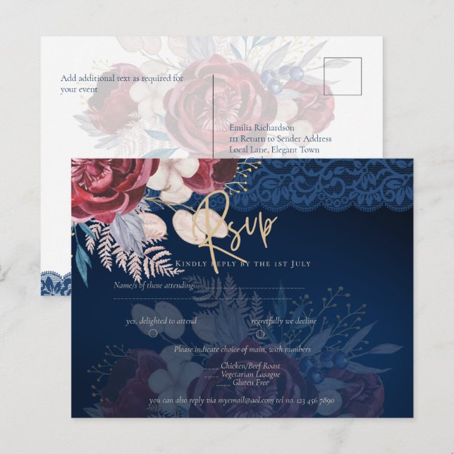Carte Postale Mariage de dentelle florale bleu Bourgogne moderne (Devant / Derrière)