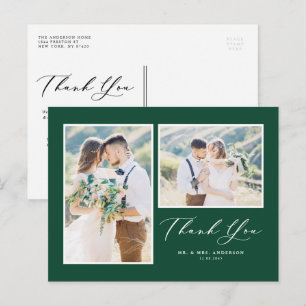 Carte Postale Mariage de deux photos vert script Merci