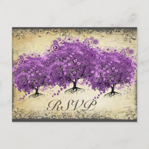 Carte Postale Mariage de feuille d'arbre de coeur violet radiant