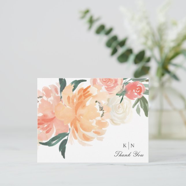 Carte Postale Mariage de Merci de Monogramme Floral Peach (Debout devant)