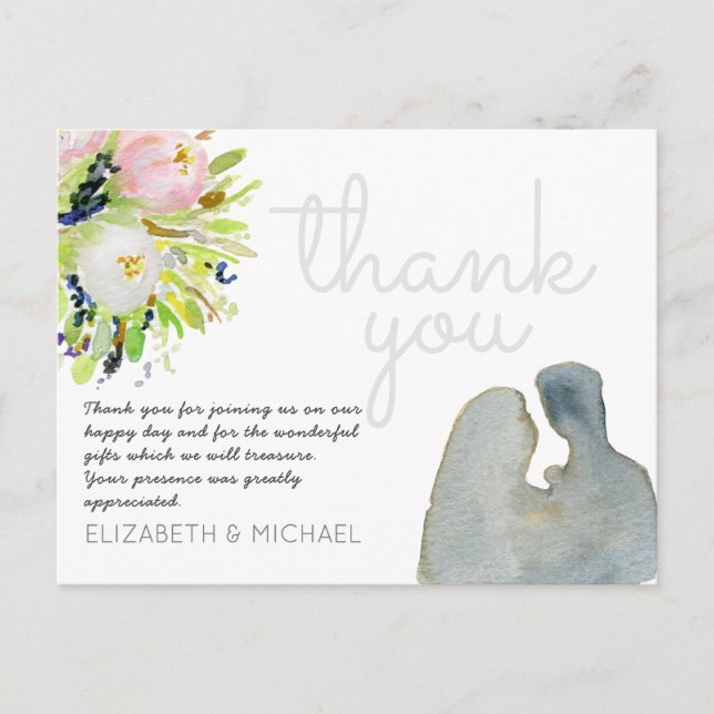 Carte Postale Mariage de Merci floral à aquarelle illustrée (Devant)