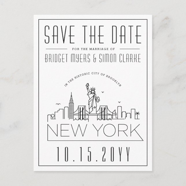 Carte Postale Mariage de New York | Skyline stylisée Enregistrer (Devant)