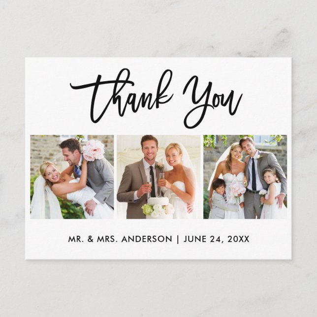 Carte Postale Mariage de script de brosse moderne 3 Merci photo (Devant)