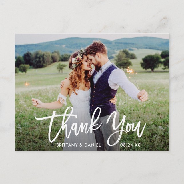 Carte Postale Mariage de script de brosse moderne Merci photo W (Devant)