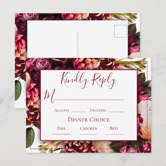 Carte Postale Mariage de script floral rose Bourgogne RSVP (Devant / Derrière)