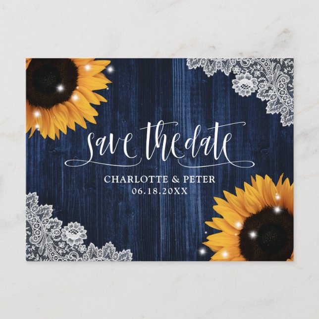 Carte Postale Mariage de Tournesol Bleu de la Marine Rustique En (Devant)