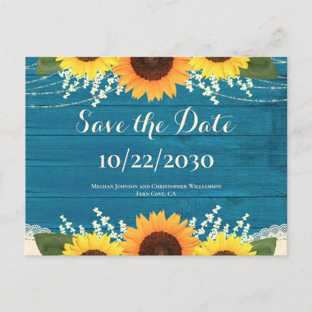 Carte Postale Mariage de tournesol en bois Turquoise rustique En (Devant)