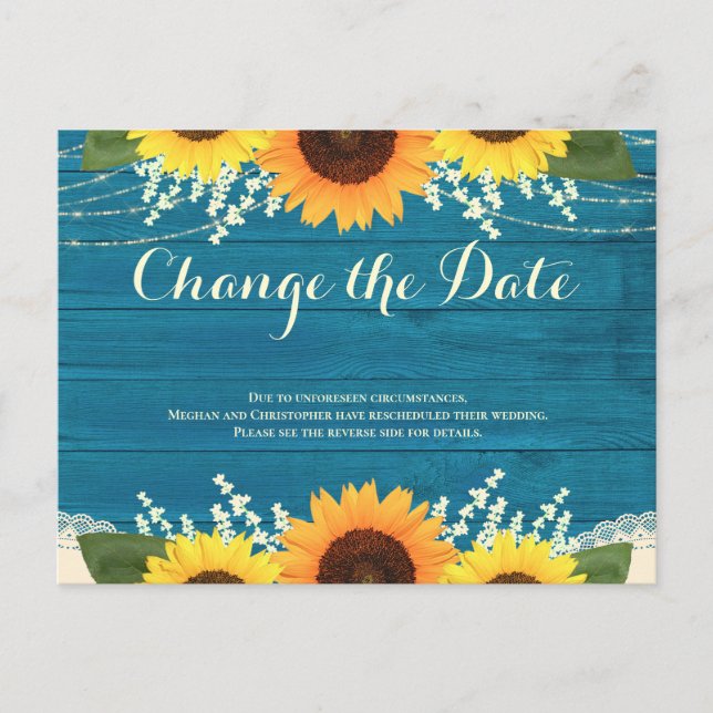 Carte Postale Mariage de tournesol en bois Turquoise rustique Mo (Devant)
