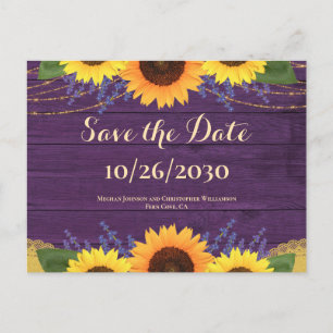 Carte Postale Mariage de tournesol en bois violet rustique Enreg