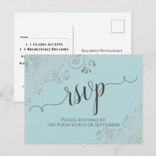 Carte Postale Mariage dentelle argent calligraphié sarcelle cart