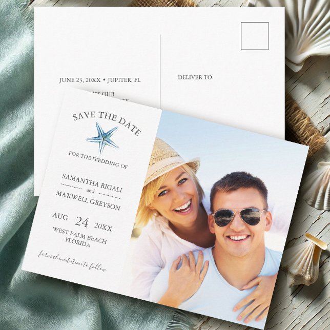 Carte Postale Mariage Destination Plage Enregistrer La Date (destination beach wedding save the date photo with watercolor starfish art by Victoria Grigaliunas)