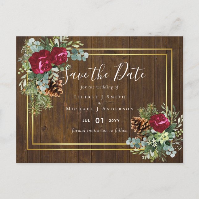 Carte Postale Mariage d'hiver Eucalyptus Rose de Bourgogne (Devant)