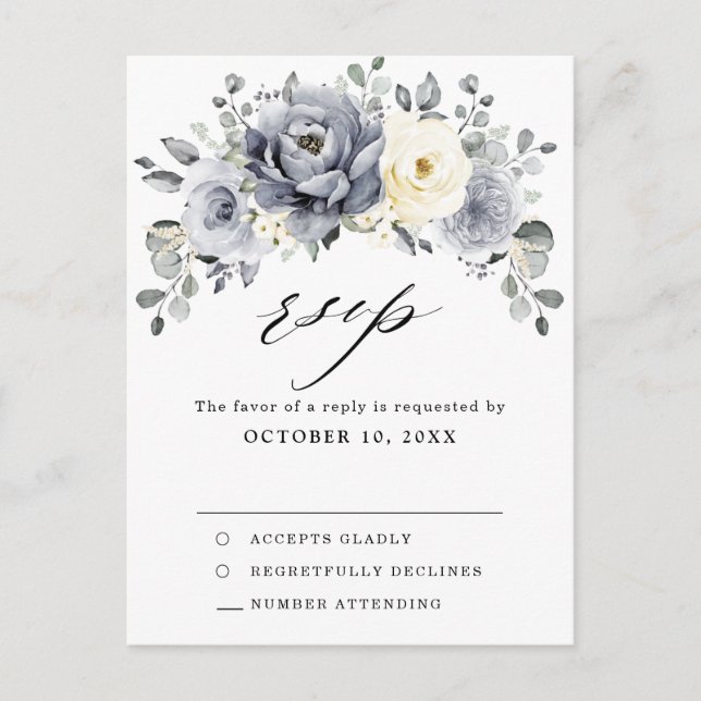 Carte Postale Mariage d'hiver floral gris argenté RSVP (Devant)
