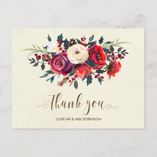 Carte Postale mariage d'hiver merci baies roses (Devant)