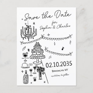 Carte Postale Mariage d'illustration noir dessiné à la main luna