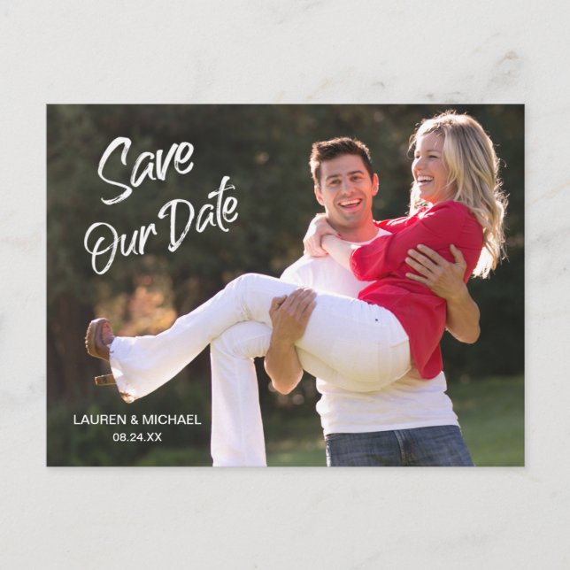 Carte Postale Mariage Économisez la Date Moderne Écriture au Pin (Devant)