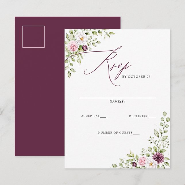 Carte Postale Mariage Élégant aux Prunes Florales Automne Hiver (Devant / Derrière)