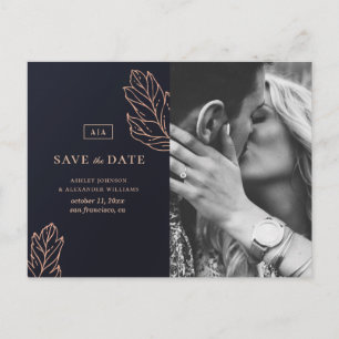 Carte Postale Mariage élégant or marine. Bleu Save the Date