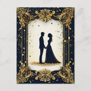 Carte Postale Mariage élégant silhouette avec cadre doré orné